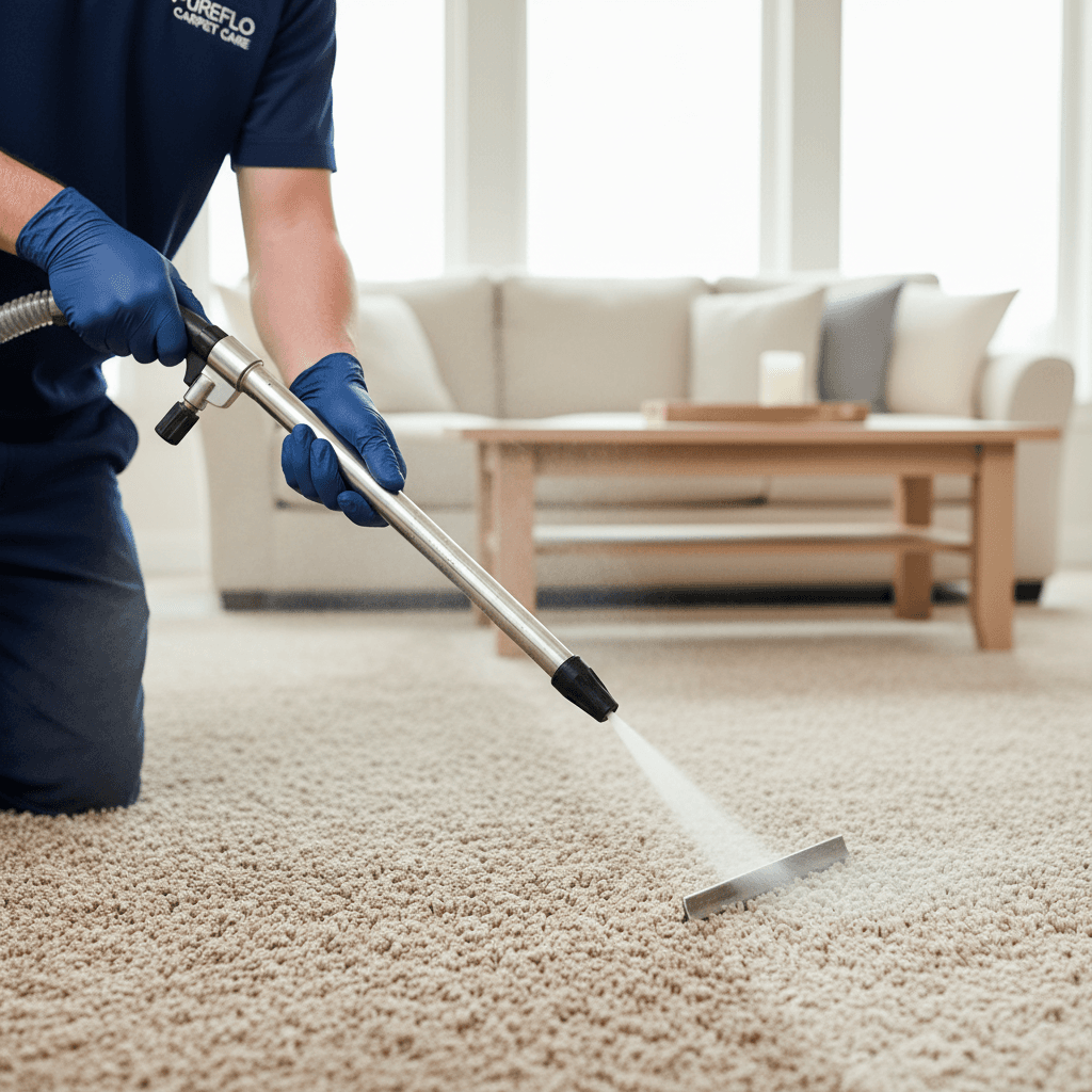 Carpet cleaning technician operating hot water extraction machine on residential carpet, demonstrating professional cleaning technique