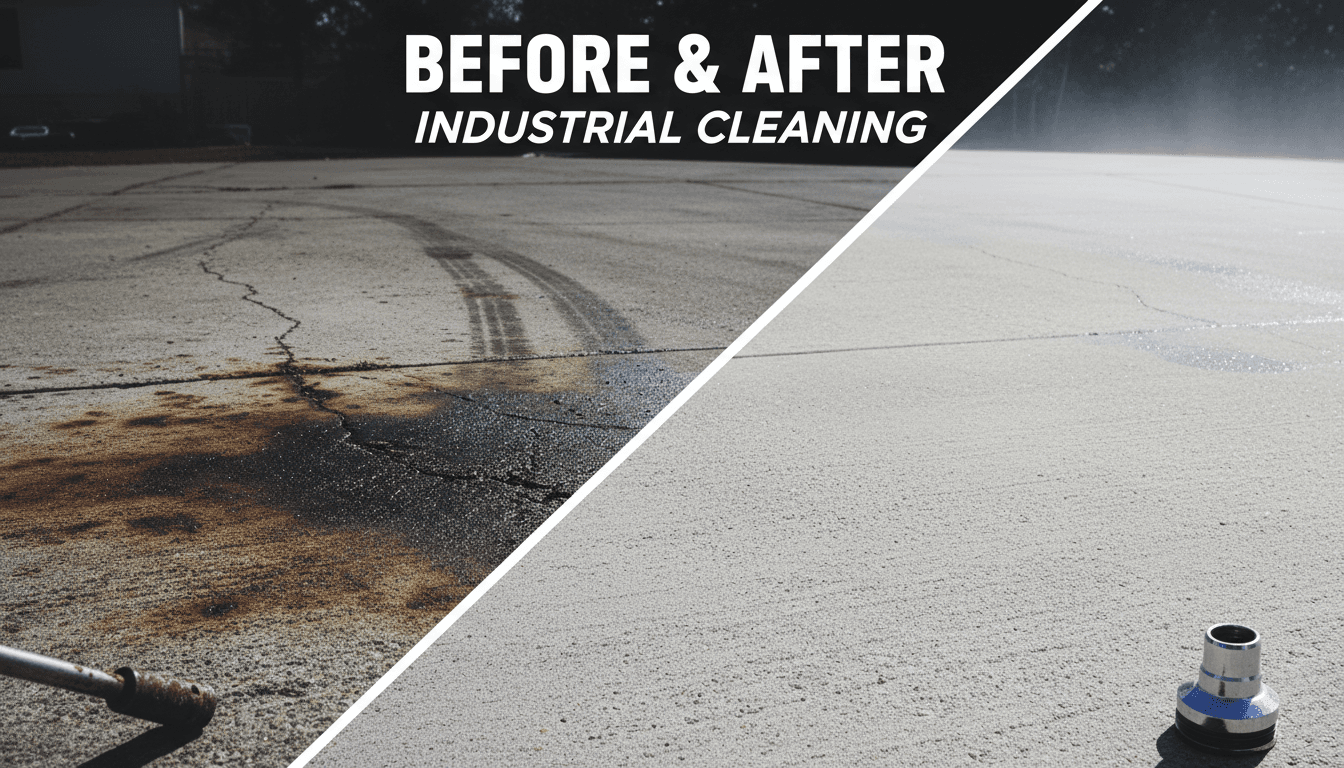 Concrete cleaning revealing pristine surface beneath buildup