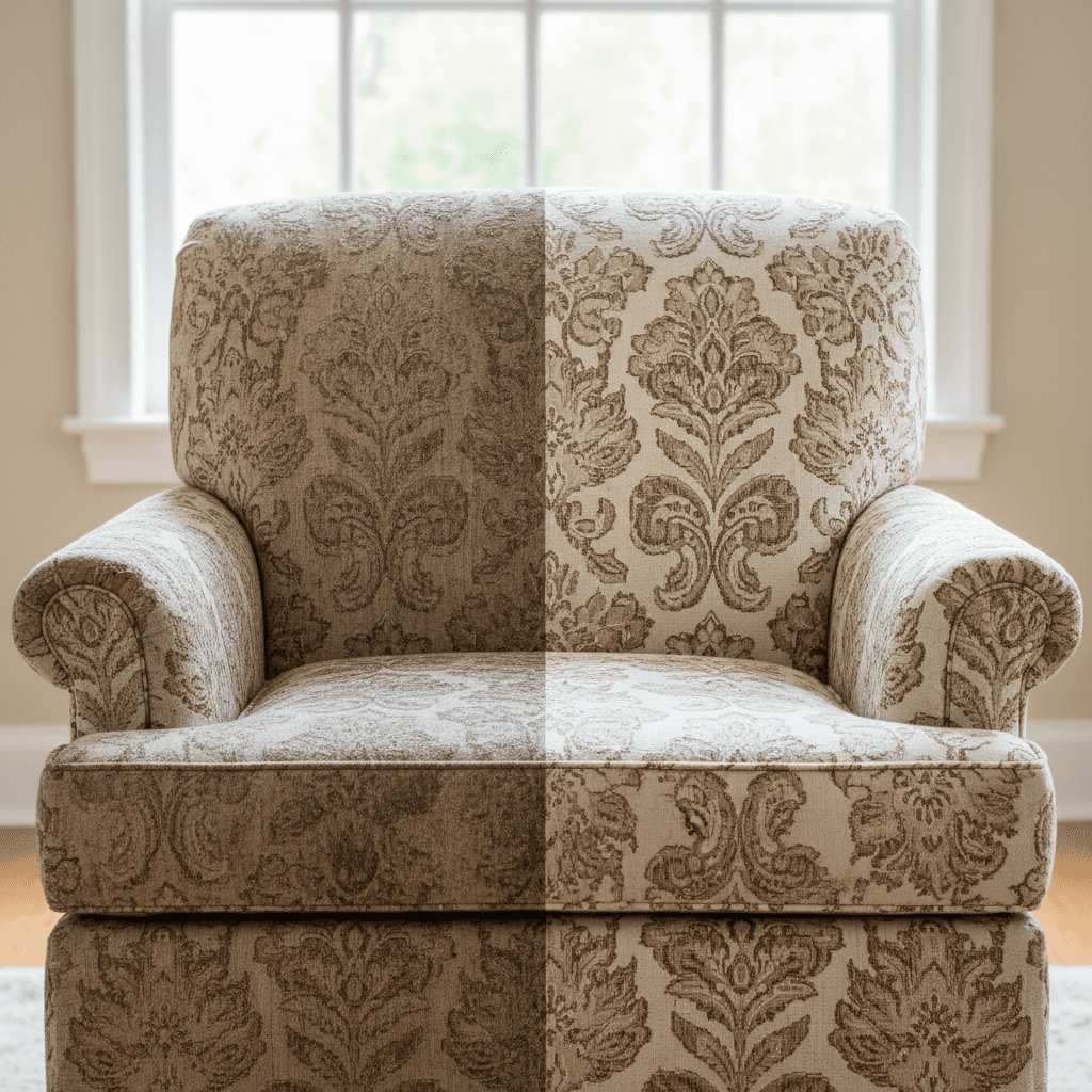 Before and after comparison of armchair fabric showing dramatic transformation from stained to clean and restored original color
