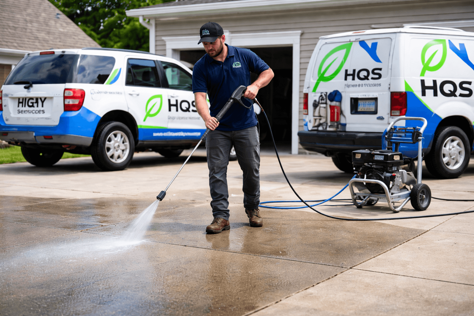 Technician pressure washing a concrete driveway with branded service vehicles in the background.