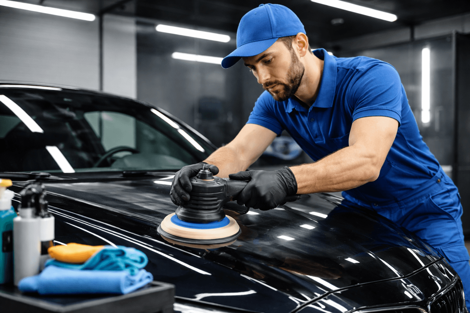 Detailer in blue uniform uses a rotary polisher on a black car's shiny hood.