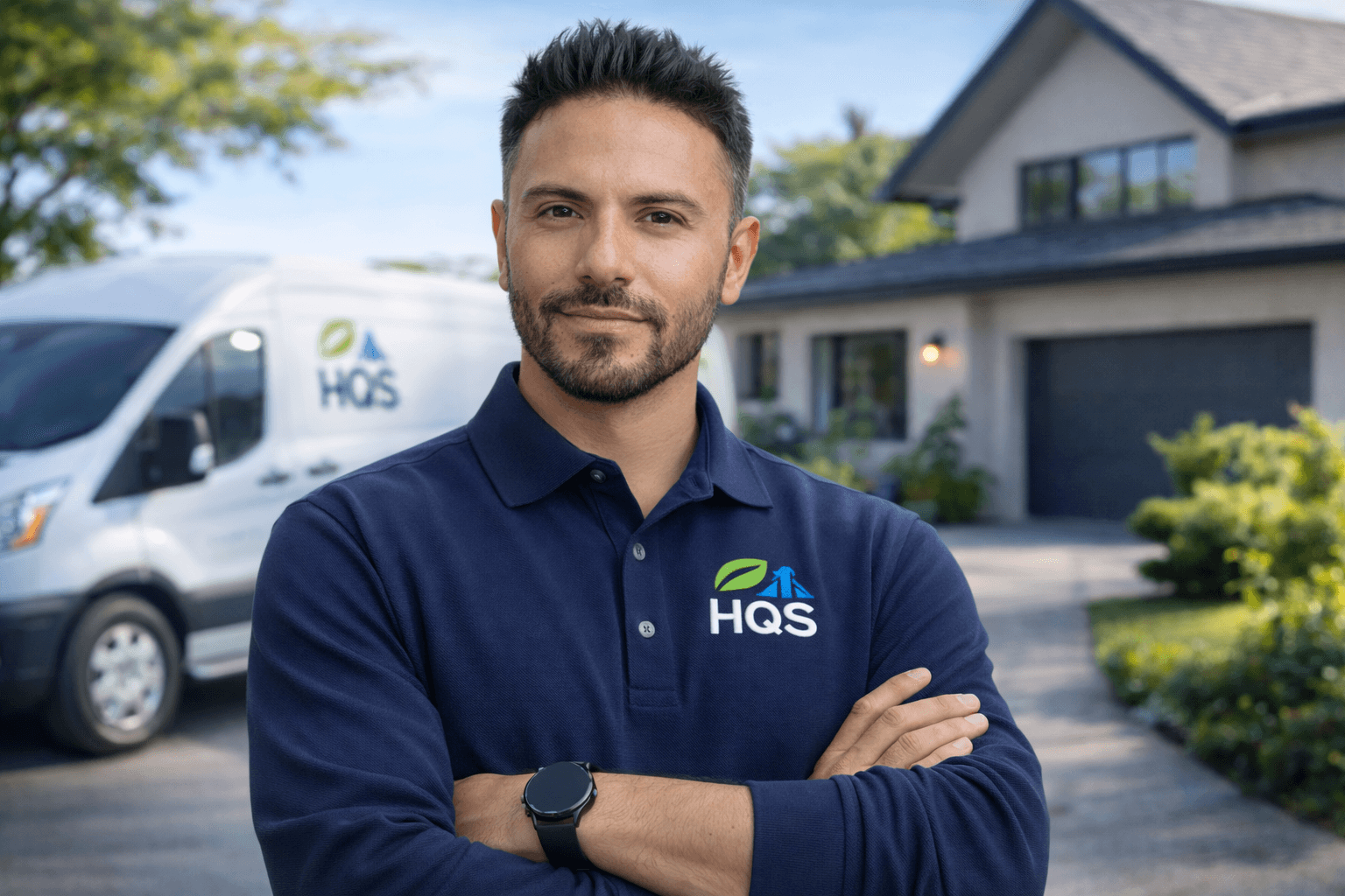 Professional man in HQS polo shirt with arms crossed before a service van and house.