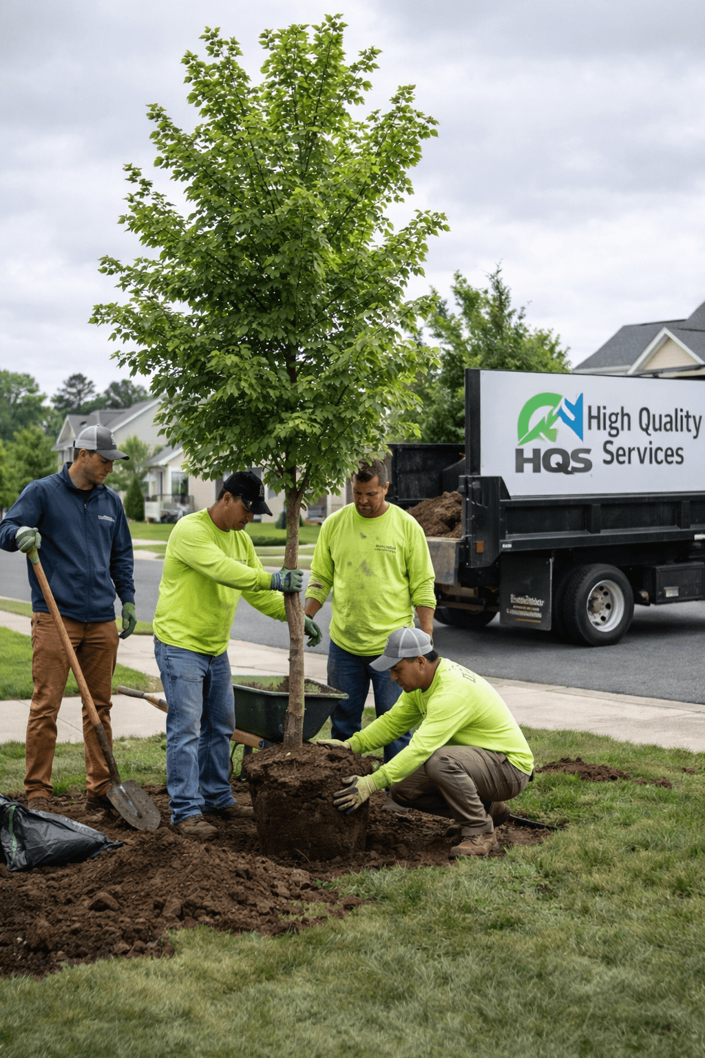Four landscapers planting a young tree in a residential lawn with a service truck nearby.