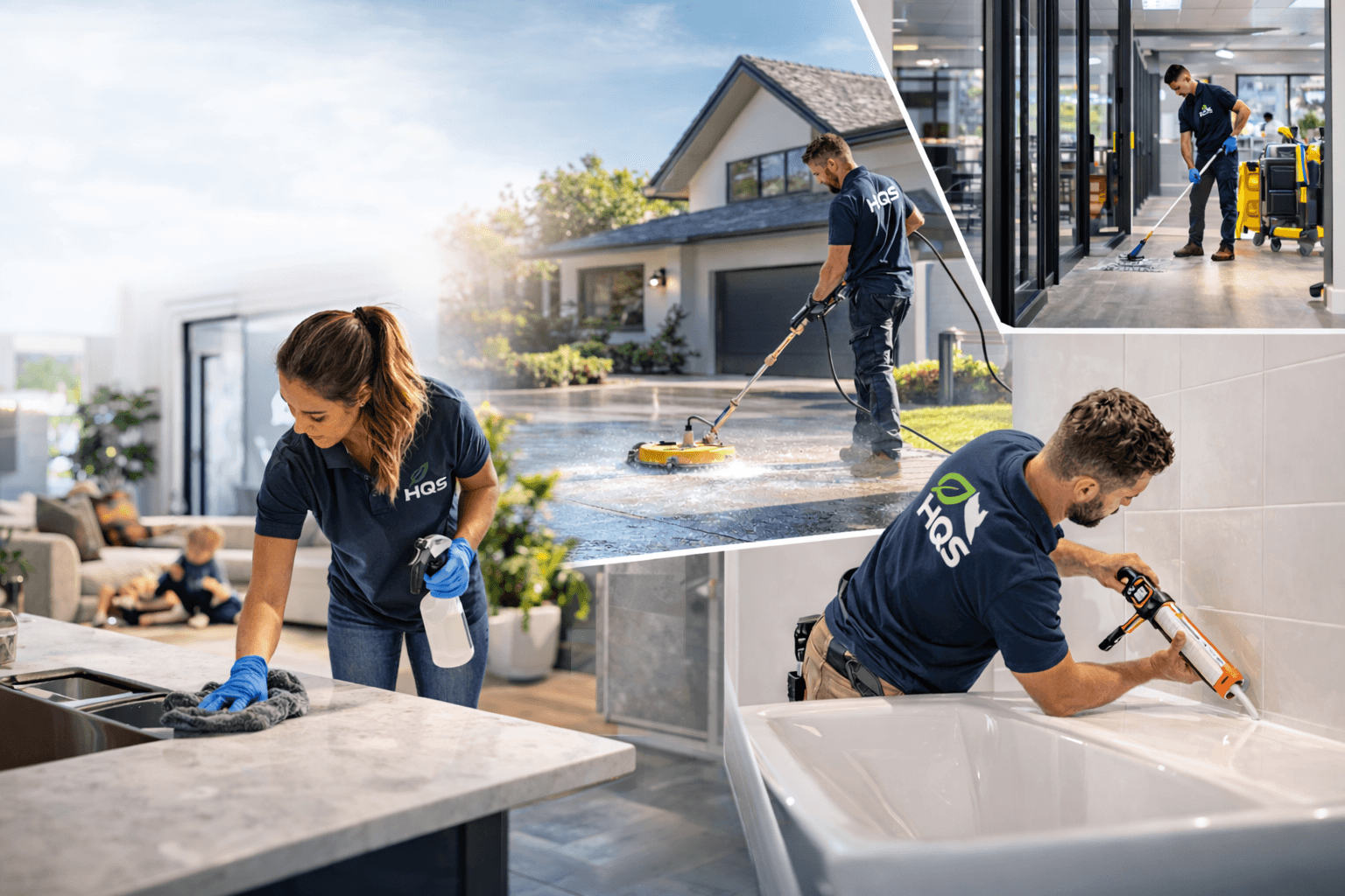 HQS professionals performing kitchen cleaning, floor mopping, pressure washing, and bathtub caulking services.