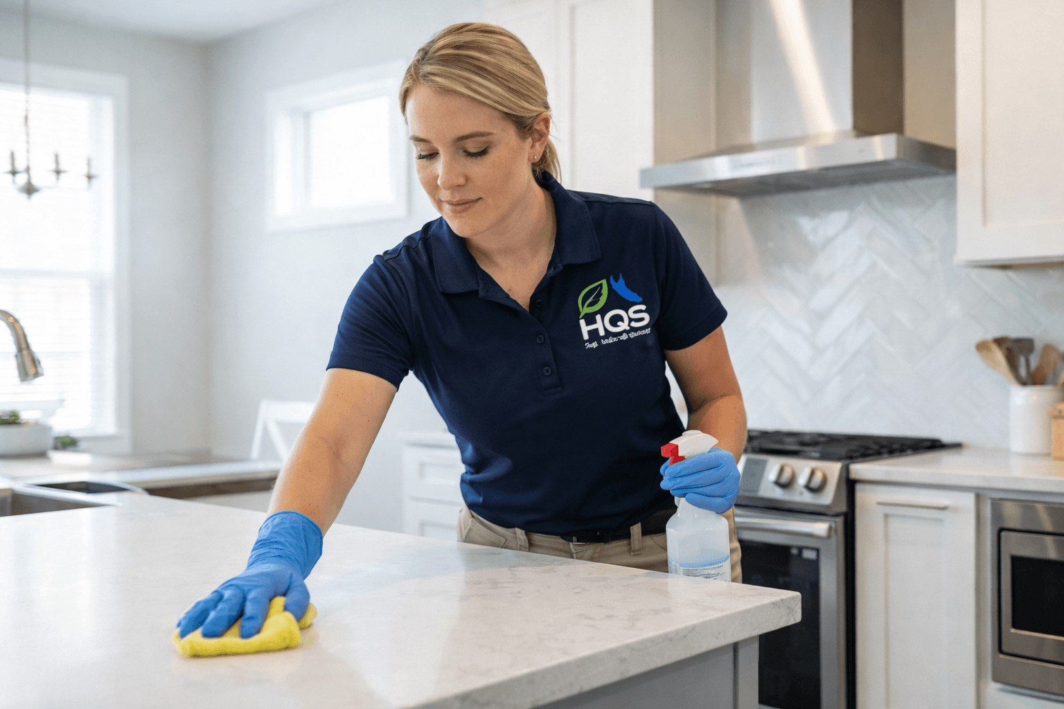 Professional cleaner in blue uniform wipes a white kitchen countertop with a yellow cloth.
