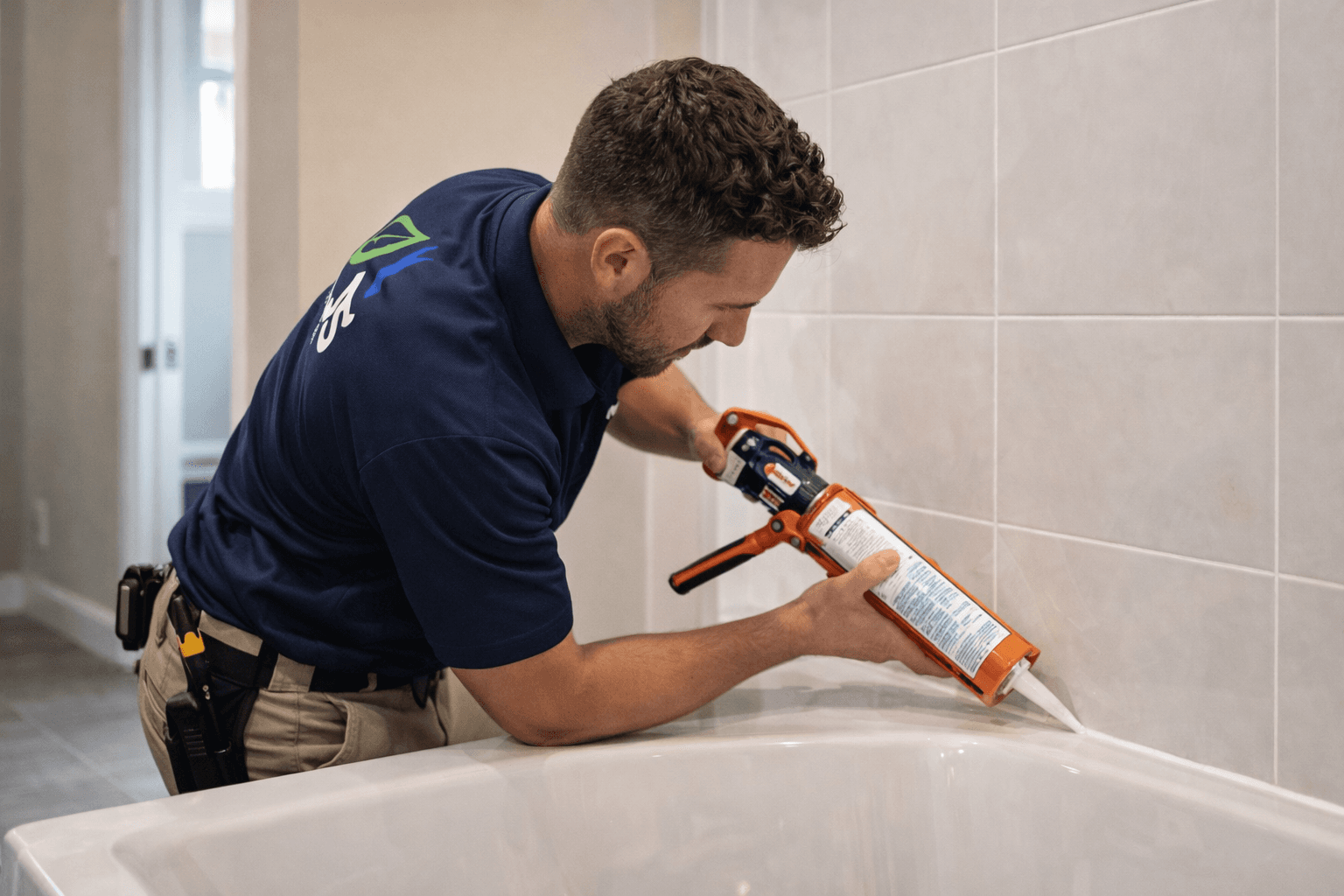 Professional worker applying white sealant to a bathtub edge using an orange caulking gun.