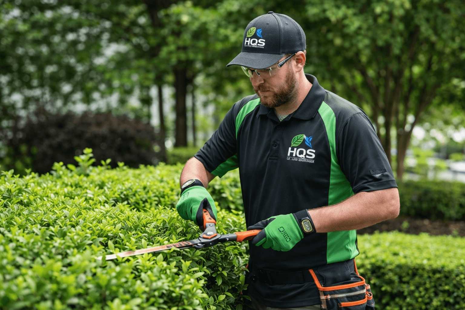 Uniformed landscaper trims a green hedge with manual shears while wearing safety gear.