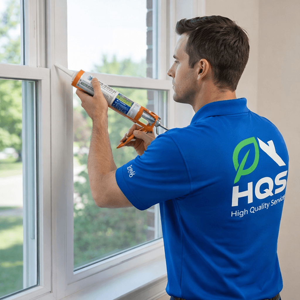 Man in blue HQS shirt applying sealant to a window frame with a caulking gun.