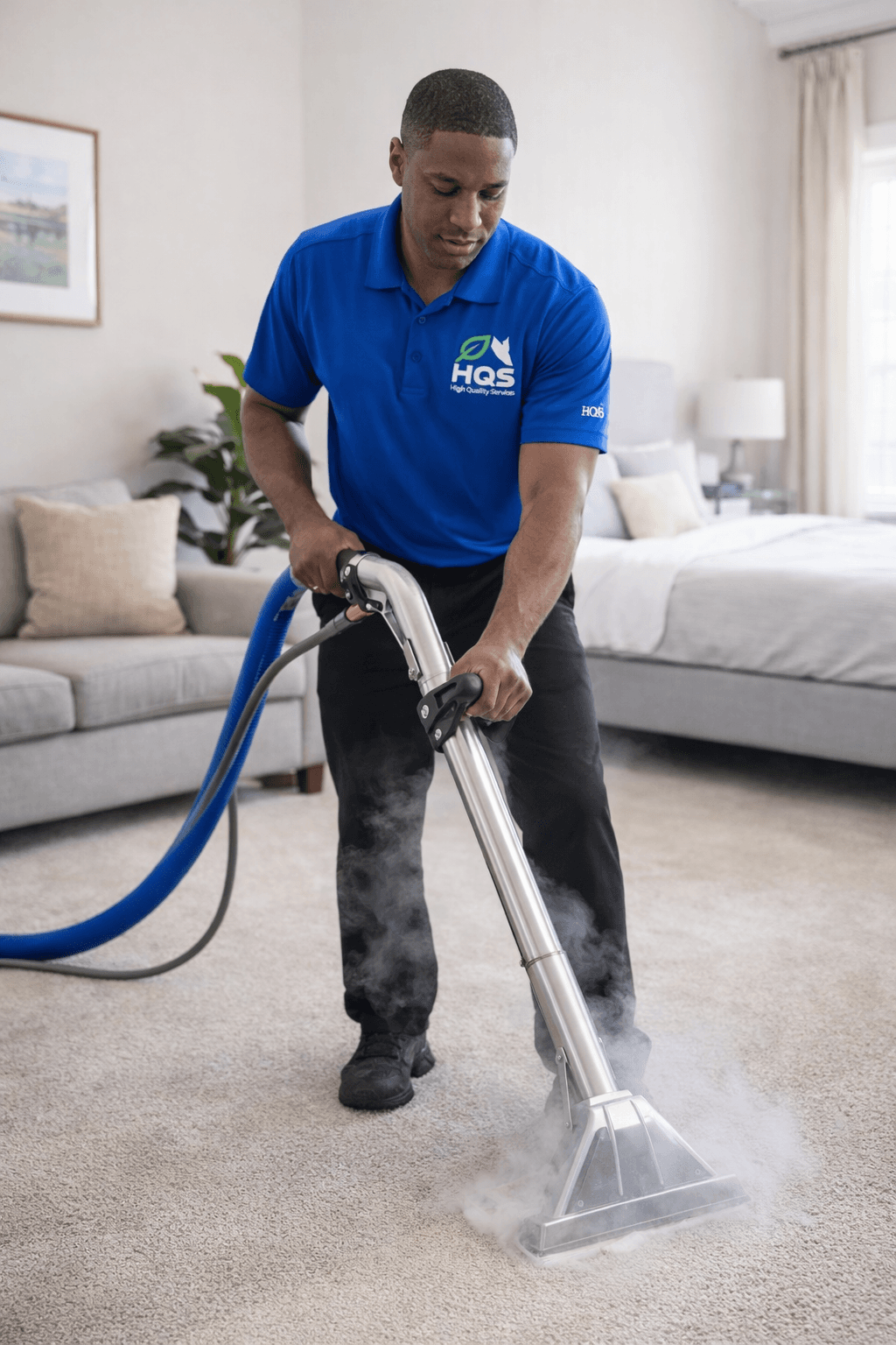Professional technician in a blue shirt steam cleaning a light-colored carpet in a bedroom.