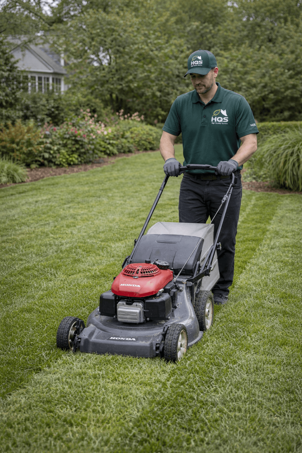 Man in green HQS uniform mows a lush lawn with a red Honda lawnmower.
