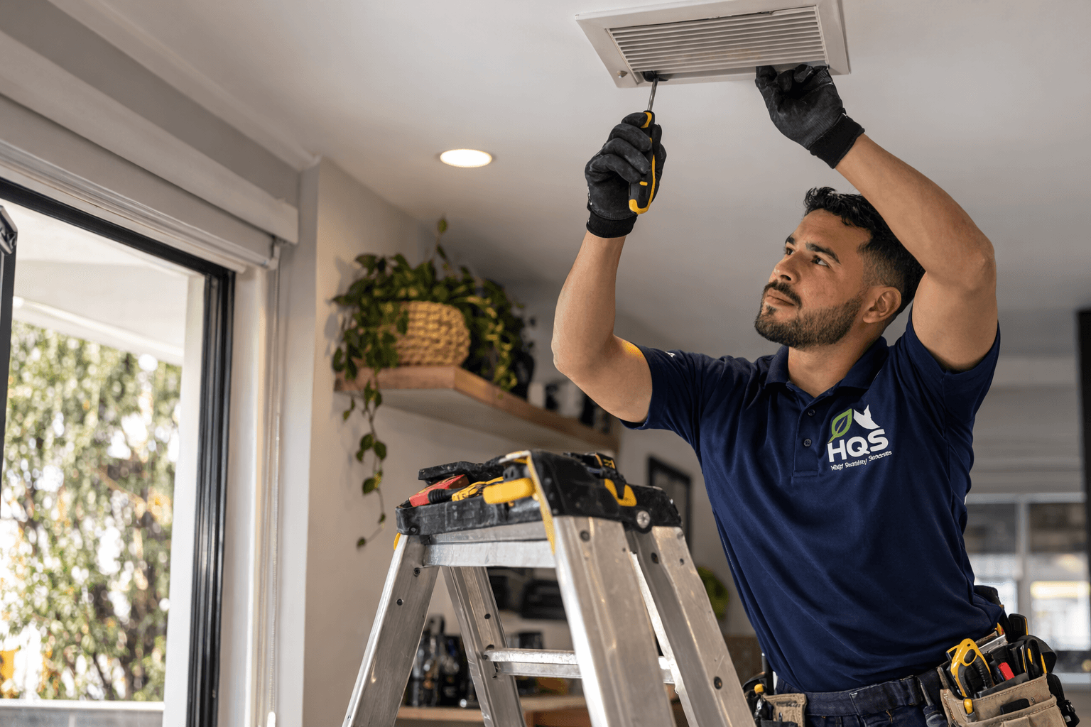 Male technician on a ladder using a screwdriver to repair a white ceiling air vent.