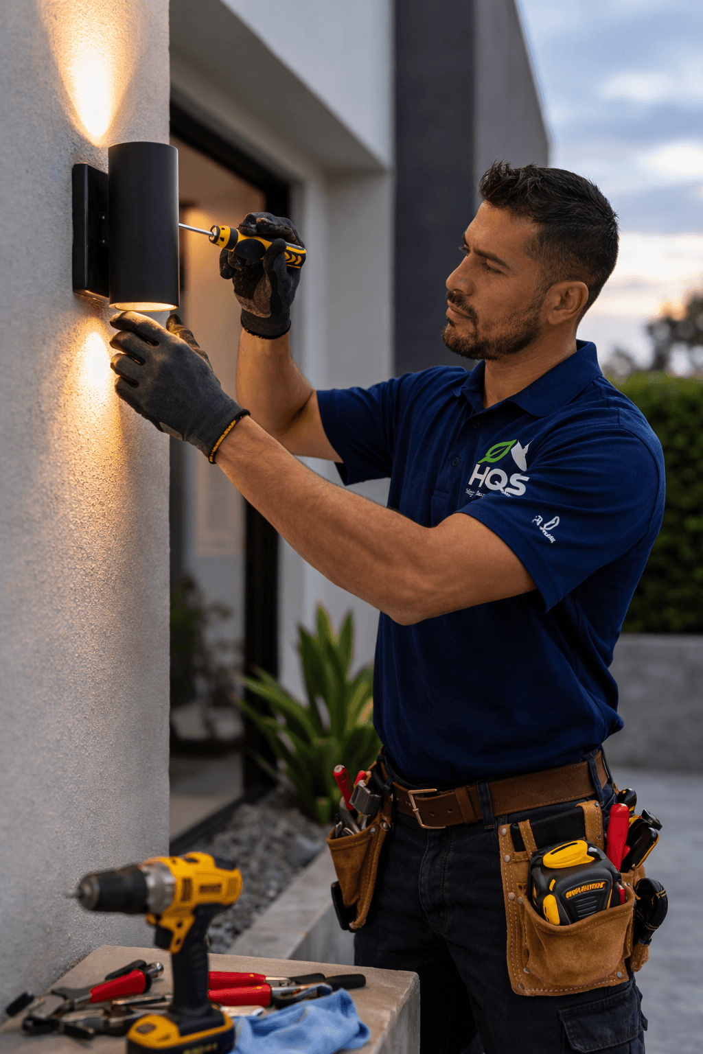 Technician in a blue shirt installs a black outdoor wall light using a screwdriver.