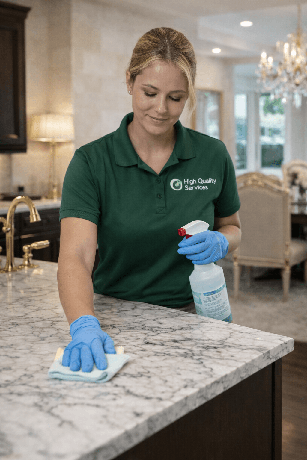 Professional cleaner in green polo wipes a marble countertop with spray bottle and blue gloves.