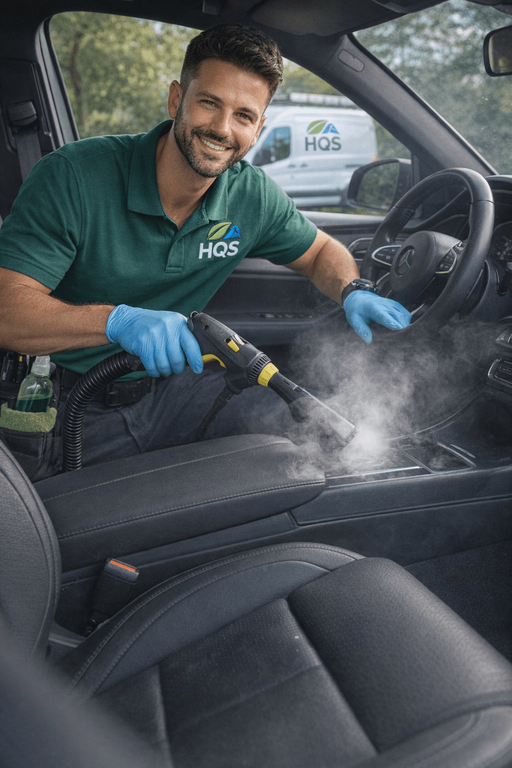 Smiling car detailer in a green shirt steam cleaning the center console of a vehicle.