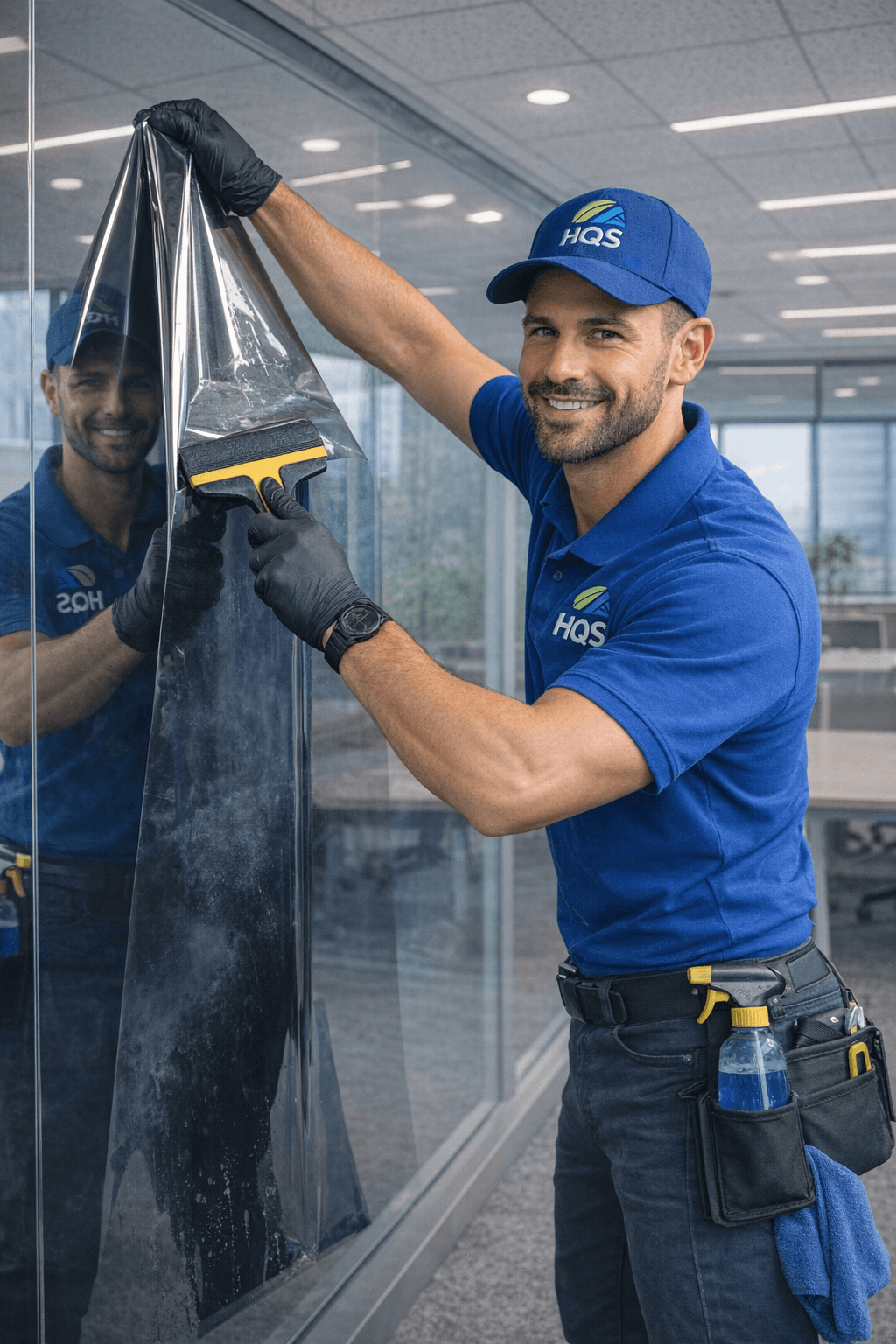 Smiling technician in blue uniform applies window tint film to a glass office partition.